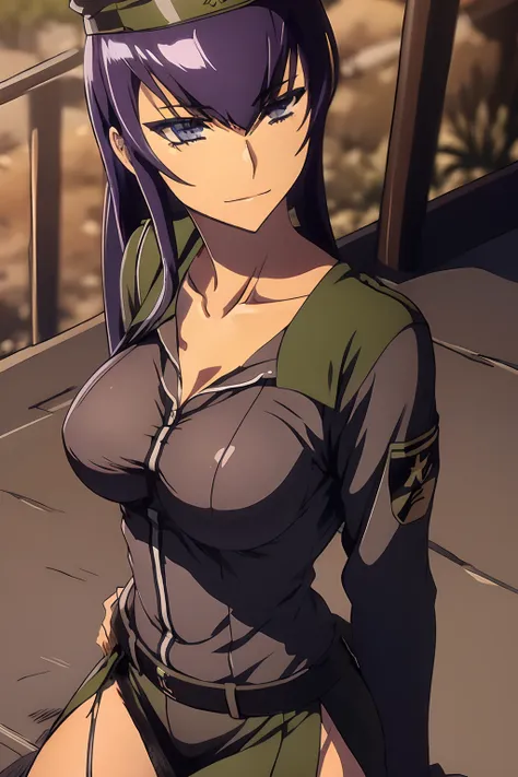 saeko busujima vestida con un uniforme militar negro, general, abrigo negro, saludo de soldado, militar, mirando al espectador, ...