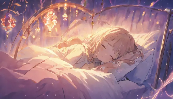 Anime girl sleeping in bed with pillow and pillowcase, Animated illustrations inspired by Ma Yuanyu, pixiv, serial art, nightcore, ☁🌪🌙👩🏾, pixiv style, PIXIV Daily Ranking, sleep, Dreaming Night, Upbeat Midnight Theme, lofi girl, trending in CGSTATION, slee...