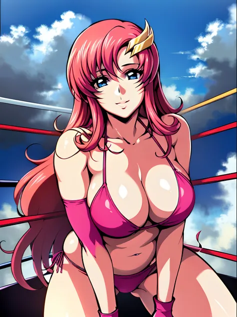 (masterpiece, upper body view from below, 4K, Best Quality, Anime style: 1.9, , tall, Adult Woman, ultra detailed face, (cloud background, wrestling), Drawing lines, high resolution, Anime, lacus4), 1girl, Solo, curvy figure, Long hair, 鎖骨, scapular, (Deta...