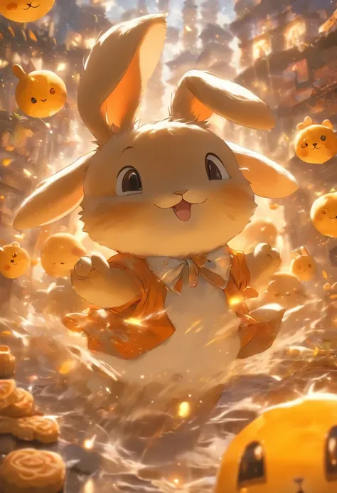 Q version of the rabbit，Cute and cute，Moon cake，laurel，themoon，The light is depicted in detail，orange tint，oc rendered，high qulity，tmasterpiece，Hyper-realistic，Ultra photo realsisim，8K，super-fine，ultra - detailed，Ultra-wide angle of view，dynamic viewing an...