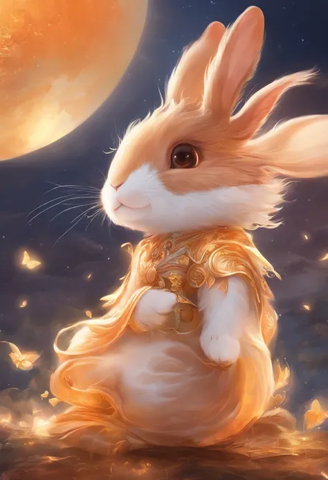 Q version of the rabbit，Cute and cute，Moon cake，laurel，themoon，The light is depicted in detail，orange tint，oc rendered，high qulity，tmasterpiece，Hyper-realistic，Ultra photo realsisim，8K，super-fine，ultra - detailed，Ultra-wide angle of view，dynamic viewing an...