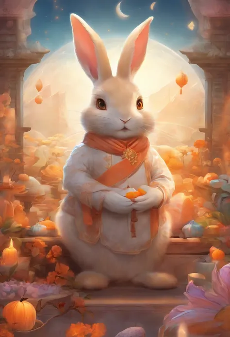 Q version of the rabbit，Cute and cute，Moon cake，laurel，themoon，The light is depicted in detail，orange tint，oc rendered，high qulity，tmasterpiece，Hyper-realistic，Ultra photo realsisim，8K，super-fine，ultra - detailed，Ultra-wide angle of view，dynamic viewing an...