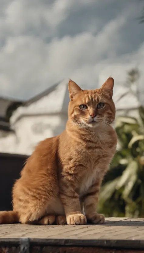 Create a stunning image of a chubby and happy cat sitting gracefully on a rooftop against a backdrop of swaying palm trees. #Cat on the roof #palm tree #Artistic photography, sunset, Thatched cottage. High-quality and contrasting photos, unreal engine 5, W...