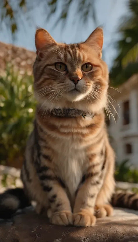 Create a stunning image of a chubby and happy cat sitting gracefully on a rooftop against a backdrop of swaying palm trees. #Cat on the roof #palm tree #Artistic photography, sunset, Thatched cottage. High-quality and contrasting photos, unreal engine 5, W...