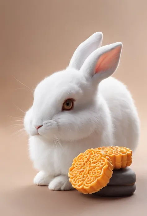 Q version of the rabbit，Cute and cute，Moon cake，laurel，themoon，The light is depicted in detail，orange tint，oc rendered，high qulity，tmasterpiece，Hyper-realistic，Ultra photo realsisim，8K，super-fine，ultra - detailed，Ultra-wide angle of view，dynamic viewing an...