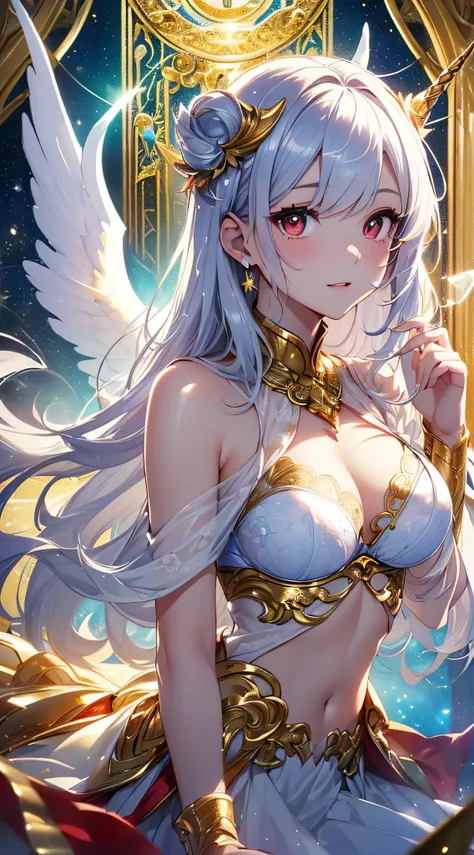 top-quality、Top image quality、​masterpiece、girl with((18year old、bright clothes、White bra、white dres、Gold Skirt、 Best Bust、Bust 90、Long silver hair、Red Eyes、open chest wide、Valley、Happiness、A slender、Angelic face、Aura of Light、Wings of the Universe、Angel B...