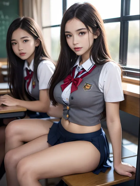 (3 young girls), beautiful girl with beautiful details, RAW photo, (Best quality:1.2), 8K, High details, A high resolution, with the highest quality, High-definition RAW color photo, professional photoshooting, (Fine face:1.2), (Open-chested high school un...