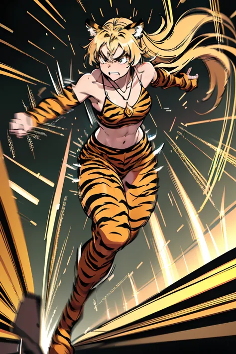 20yo 1girl, solo, (angry:1.2), small chest, (muscular:1.2), (blonde long hair, tiger print bang:1.2), (tiger ears, locket necklace, triangle locket:1.2), (tiger print long pant, tiger print elbow gloves, black knee boot:1.2) full body, (attacking, running:...