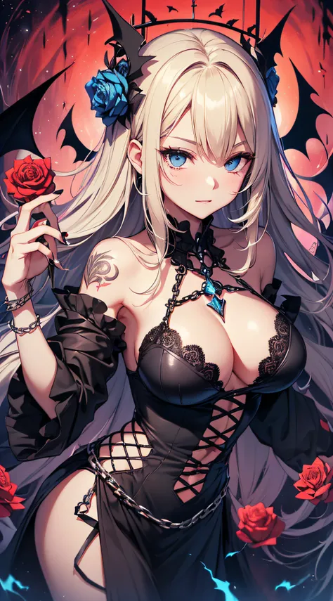 top-quality、Top image quality、​masterpiece、girl with((18year old、Dark clothing、Dark bra、Dark skirt、 Best Bust、Bust 90、Blonde long、Blue eyes、open chest wide、Valley、Happiness、A slender、Provocative behavior、Evil face、Handcuffed、High laughter、Skull Tattoo、Tatt...