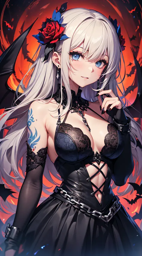 top-quality、Top image quality、​masterpiece、girl with((18year old、Dark clothing、Dark bra、Dark skirt、 Best Bust、Bust 90、Blonde long、Blue eyes、open chest wide、Valley、Happiness、A slender、Provocative behavior、Evil face、Handcuffed、High laughter、Skull Tattoo、Tatt...