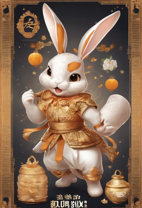 Q version of the rabbit，Cute and cute，Moon cake，laurel，themoon，The light is depicted in detail，orange tint，oc rendered，high qulity，tmasterpiece，Hyper-realistic，Ultra photo realsisim，8K，super-fine，ultra - detailed，Ultra-wide angle of view，dynamic viewing an...