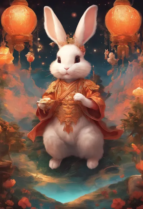 Q version of the rabbit，Cute and cute，Moon cake，laurel，themoon，The light is depicted in detail，orange tint，oc rendered，high qulity，tmasterpiece，Hyper-realistic，Ultra photo realsisim，8K，super-fine，ultra - detailed，Ultra-wide angle of view，dynamic viewing an...