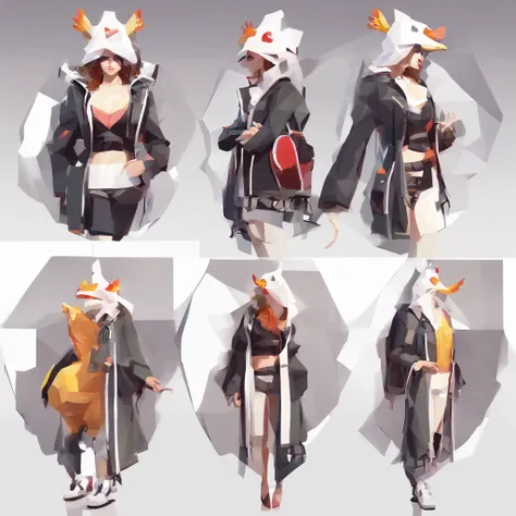 ((Female with chicken head))、sexy underwear、Only the head is a chicken human、Perfect centering,  Student team jackets to wear but open shirts, Wearing sunglasses, Wearing headphones, cheerfulness, Standing position, Abstract beauty, Centered, Looking at th...