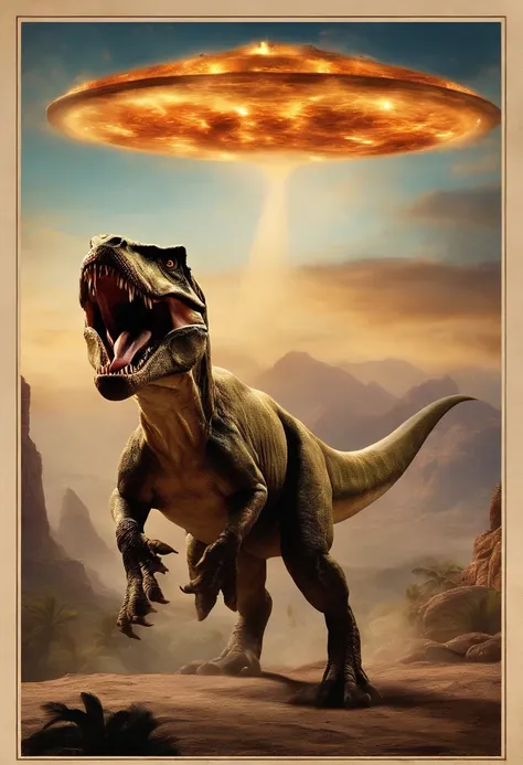 The cat rides on the back of a Tyrannosaurus rex，Offensive stance，The Tyrannosaurus rex rode a cat on its back，There are flying saucers floating in the sky like pizza，The background is the vastness of the universe，a realistic style，ultraclear，photorealesti...