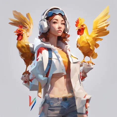 ((Female with chicken head))、sexy underwear、Only the head is a chicken human、Perfect centering,  Wear a student team jacket, Wearing sunglasses, Wearing headphones, cheerfulness, Standing position, Abstract beauty, Centered, Looking at the camera, Facing t...