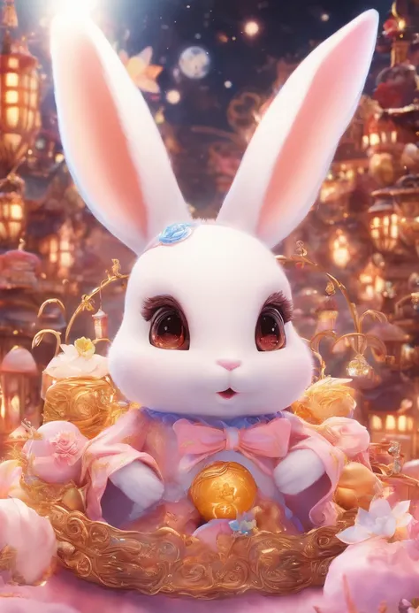 Q version of the rabbit，Cute and cute，Moon cake，laurel，themoon，The light is depicted in detail，orange tint，oc rendered，high qulity，tmasterpiece，Hyper-realistic，Ultra photo realsisim，8K，super-fine，ultra - detailed，Ultra-wide angle of view，dynamic viewing an...