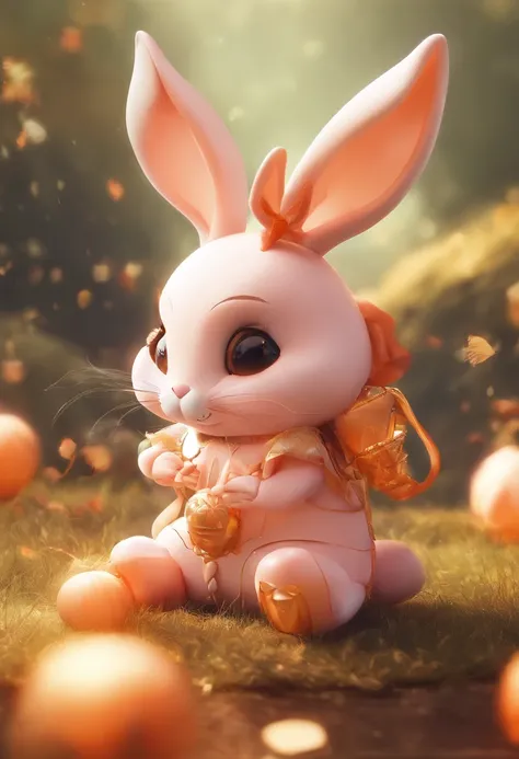 Q version of the rabbit，Cute and cute，Moon cake，laurel，themoon，The light is depicted in detail，orange tint，oc rendered，high qulity，tmasterpiece，Hyper-realistic，Ultra photo realsisim，8K，super-fine，ultra - detailed，Ultra-wide angle of view，dynamic viewing an...