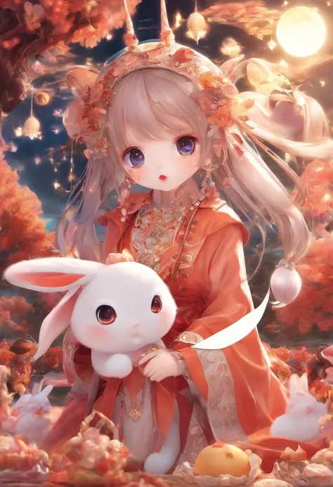 Q version of the rabbit，Cute and cute，Moon cake，laurel，themoon，The light is depicted in detail，orange tint，oc rendered，high qulity，tmasterpiece，Hyper-realistic，Ultra photo realsisim，8K，super-fine，ultra - detailed，Ultra-wide angle of view，dynamic viewing an...