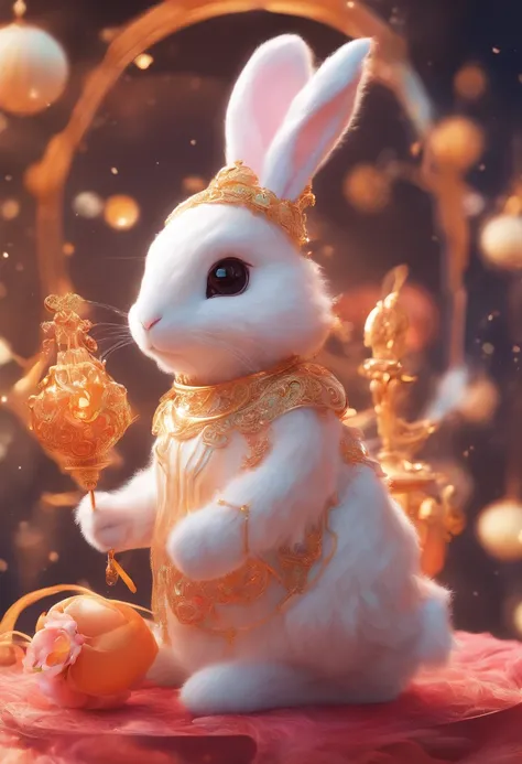 Q version of the rabbit，Cute and cute，Moon cake，laurel，themoon，The light is depicted in detail，orange tint，oc rendered，high qulity，tmasterpiece，Hyper-realistic，Ultra photo realsisim，8K，super-fine，ultra - detailed，Ultra-wide angle of view，dynamic viewing an...