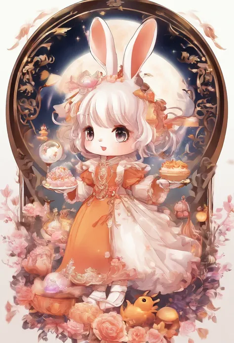 Q version of the rabbit，Cute and cute，Moon cake，laurel，themoon，The light is depicted in detail，orange tint，oc rendered，high qulity，tmasterpiece，Hyper-realistic，Ultra photo realsisim，8K，super-fine，ultra - detailed，Ultra-wide angle of view，dynamic viewing an...