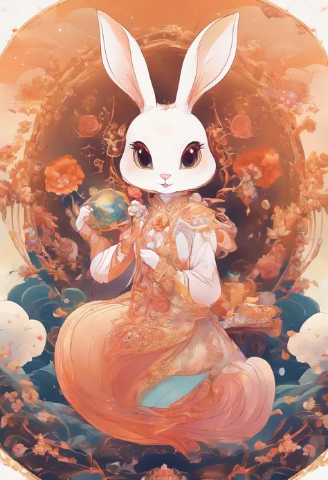 Q version of the rabbit，Cute and cute，Moon cake，laurel，themoon，The light is depicted in detail，orange tint，oc rendered，high qulity，tmasterpiece，Hyper-realistic，Ultra photo realsisim，8K，super-fine，ultra - detailed，Ultra-wide angle of view，dynamic viewing an...