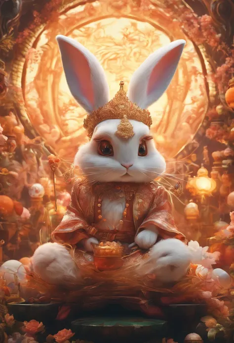 Q version of the rabbit，Cute and cute，Moon cake，laurel，themoon，The light is depicted in detail，orange tint，oc rendered，high qulity，tmasterpiece，Hyper-realistic，Ultra photo realsisim，8K，super-fine，ultra - detailed，Ultra-wide angle of view，dynamic viewing an...