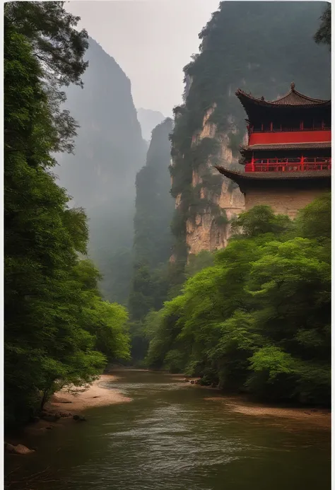 mountains with a small red building above them, par Cheng Jiasui, Paysage chinois, par Yuan Jiang, An amazing landscape image, Early Morning Zhangjiajie, par Liu Haisu, par Raymond Han, Breathtaking mountains, par Xia Yong, Montagnes flottantes, incroyable...