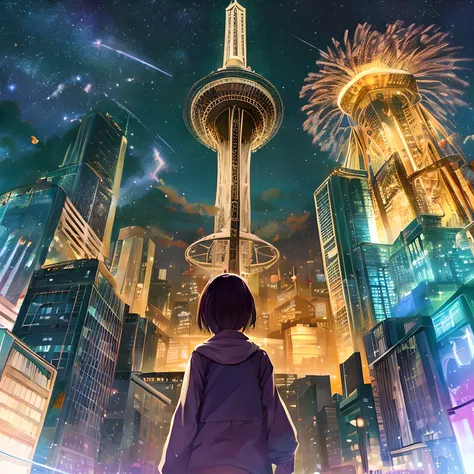 isekai space needle、space needle of the near future、space needle、landmark、thunder clouds、lightning bolt、thunderstyle, simple pur...