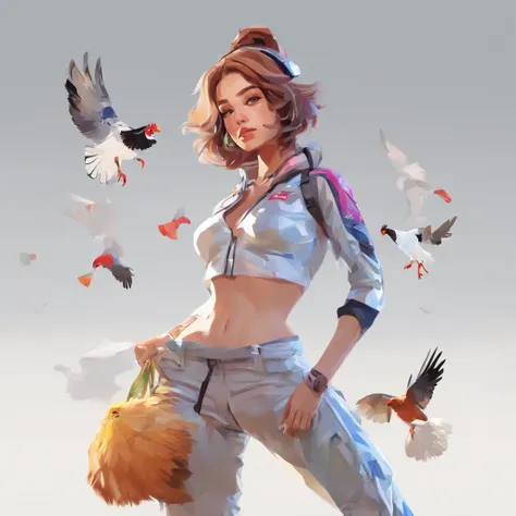 ((Female with chicken head))、sexy underwear、Only the head is a chicken human、Perfect centering,  Wear a student team jacket, Wearing sunglasses, Wearing headphones, cheerfulness, Standing position, Abstract beauty, Centered, Looking at the camera, Facing t...