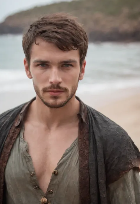 A masculine young man in his late twenties, short beard, darl brown hair , light hazel eyes, masculine energy, standing on the beach, wearing ripped pirate clothes, wet body, looking exasperated