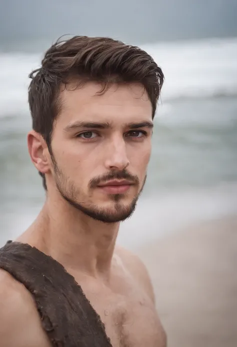 A masculine young man in his late twenties, short beard, darl brown hair , light hazel eyes, masculine energy, standing on the beach, wearing ripped pirate clothes, wet body, looking exasperated