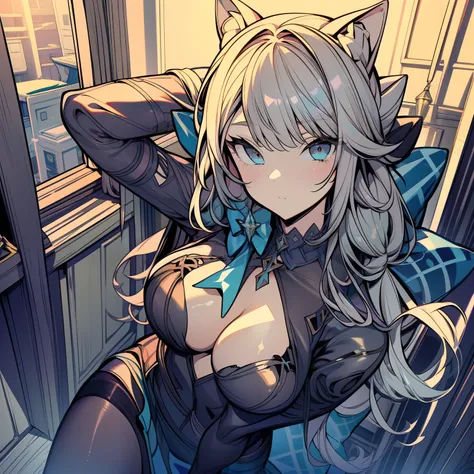 (masterpiece),best quality, expressive eyes, perfect face, 1girl, she has cat-ears ((intricate pantyhose design)) (brown pantyhose)
big breast, H-cup, good breast, beautiful, gorgeous ,large breast, sitting on a window sill with cuffs, wrapped in leather s...