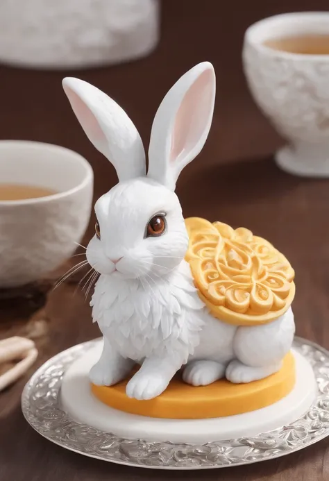 Q version of the rabbit，Cute and cute，Moon cake，laurel，themoon，The light is depicted in detail，orange tint，oc rendered，high qulity，tmasterpiece，Hyper-realistic，Ultra photo realsisim，8K，super-fine，ultra - detailed，Ultra-wide angle of view，dynamic viewing an...