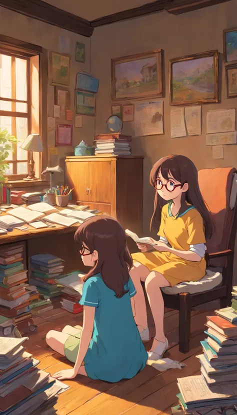 A mother talking to her nerdy daughter who had a long brown hair,with eyeglasses,studying in a messy room.