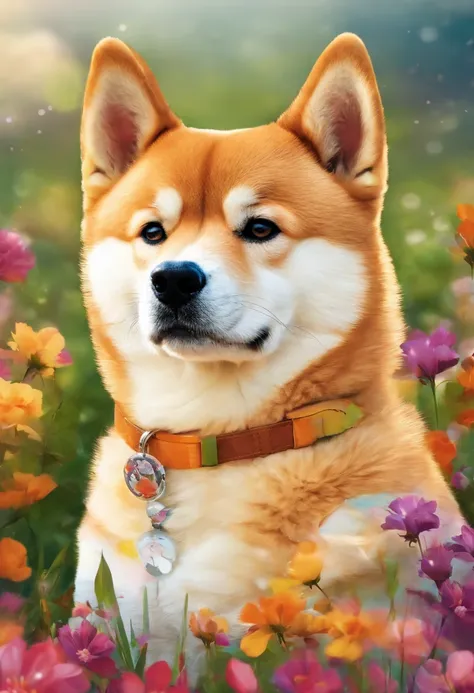 Shiba inu,puppy,cute,adorable,fluffy fur,button nose,(bright round eyes,piercing eyes),dog ears wagging tail,colorful dog collar,best quality,ultra-detailed,realistic,photorealistic:1.37,HDR,UHD,vivid colors,warm color palette,natural lighting.