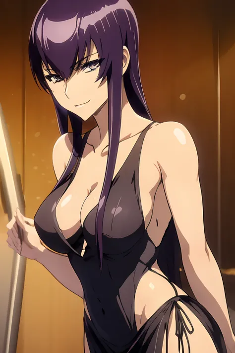 Saeko Busujima vestida con traje de gala negro, vestido negro, vestido gotico, estilo gotico, salon de baile, vestido barroco