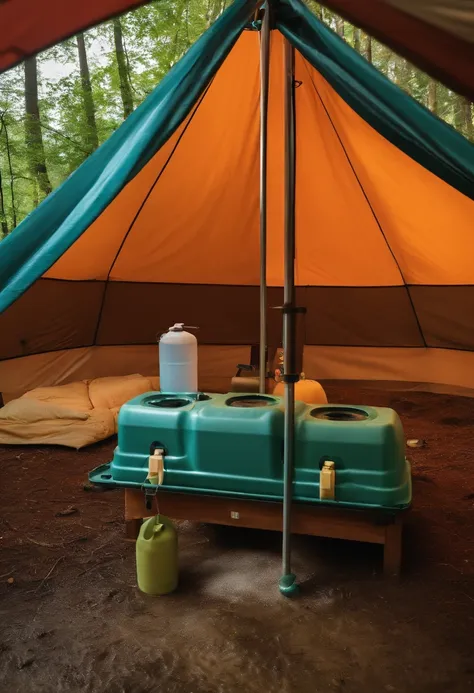 Install a water collection filter inside a 5-person large camping tent, Raindrop collector on camping tent connected to water collection filter, 4k