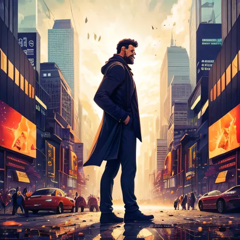 A stoic man stands in the midst of a bustling city, his expression unreadable as he observes the chaos around him. This image is rendered in a surreal style, with distorted shapes and dreamlike colors.