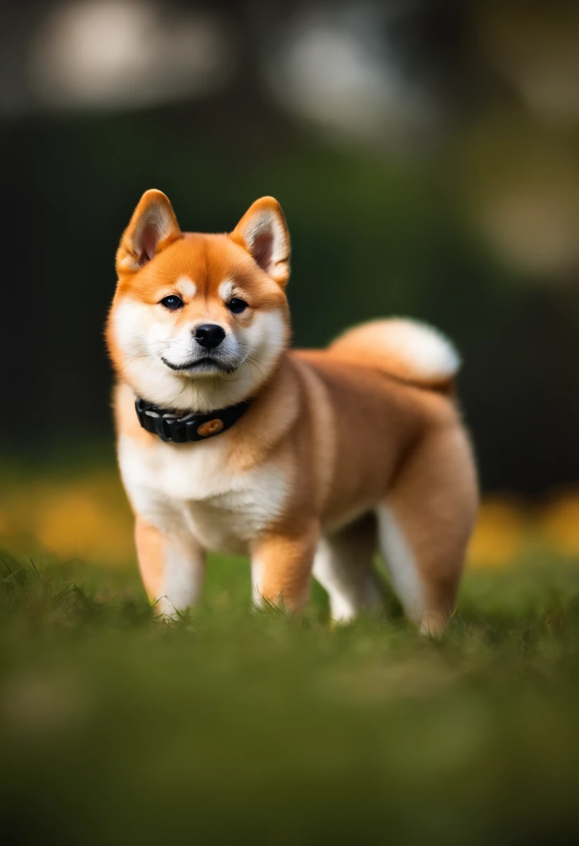 Shiba inu,puppy,cute,adorable,fluffy fur,button nose,(bright round eyes,piercing eyes),dog ears wagging tail,colorful dog collar,best quality,ultra-detailed,realistic,photorealistic:1.37,HDR,UHD,vivid colors,warm color palette,natural lighting.