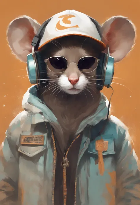 Perfect centering, Cute mouse, Wear a student team jacket, Wearing sunglasses, Wearing headphones, cheerfulness, Standing position, Abstract beauty, Centered, Looking at the camera, Facing the camera, nearing perfection, Dynamic, Highly detailed, smooth, S...