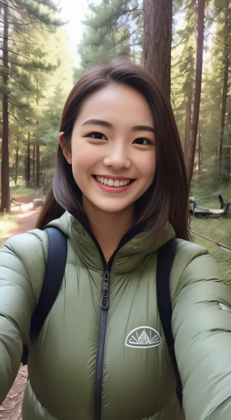 The face is a hostess、Clothes are mountaineering clothes、hiquality、A hyper-realistic、healthy、Smiling expression、Slender perfect figure、Japan beauties、beautidful eyes、face perfect、Beautiful skin、The background is a campsite