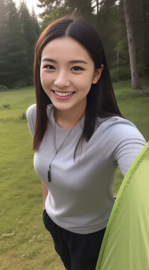 The face is a hostess、Clothes are mountaineering clothes、hiquality、A hyper-realistic、healthy、Smiling expression、Slender perfect figure、Japan beauties、beautidful eyes、face perfect、Beautiful skin、The background is a campsite