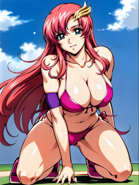 (masterpiece, upper body view from below, 4K, Best Quality, Anime style: 1.9, , tall, Adult Woman, ultra detailed face, (cloud background, wrestling), Drawing lines, high resolution, Anime, lacus4), 1girl, Solo, curvy figure, Long hair, 鎖骨, scapular, (Deta...