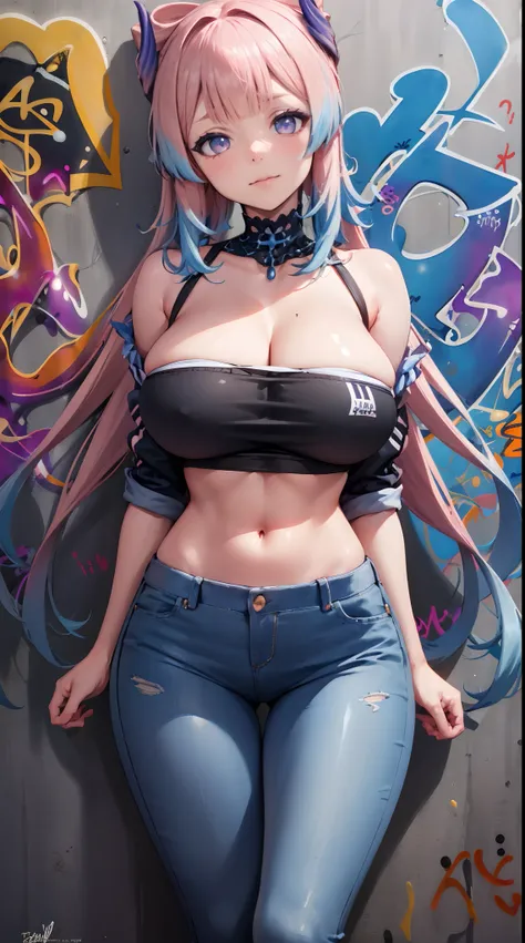 Sangonomiya Kokomi|genshin impact, master-piece, bestquality, 1girls,25 years old, proportional body, elongated legs, Beautiful, proportional., crop top, Long Jeans, gigantic breasts, ,bara, crop top, choker, (Graffiti:1.5), Splash with purple lightning pa...