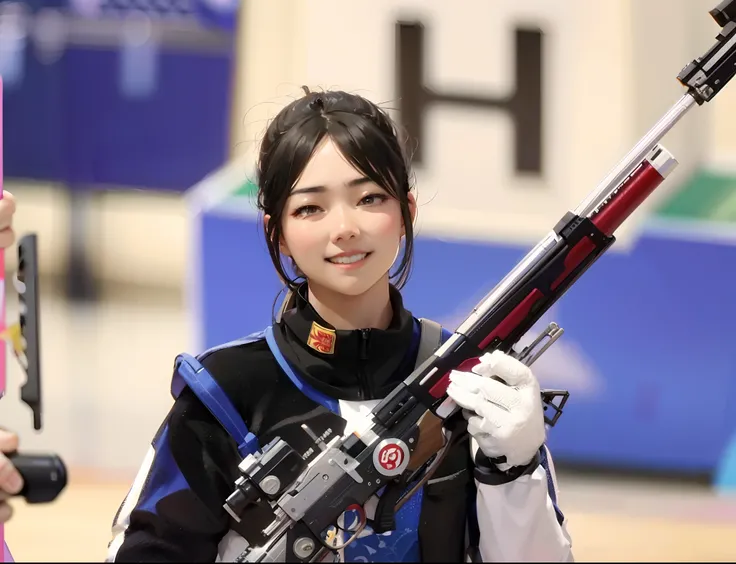 Asian woman，Asian Games womens rifle shooting competition，Win in shooting competitions，ssmile，k hd，Action details，Two-dimensional animation style，Makoto Shinkai anime style