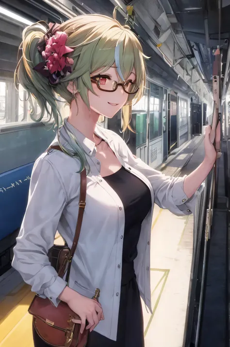 (masterpiece, best quality, detailed),1girl,sucrosedef,(green hair:1.2), glasses,  standing in front of a train with her hand on the door, smooth anime cg art, makoto shinka, attractive anime girl,  seductive anime girl,eye details,teasing smile, clean det...