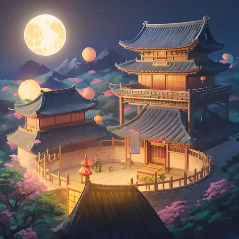 Big red，Mid-Autumn Festival，China-style，national day，Chinese lanterns fly over Chinese temples, trending on cgstation, cyberpunk chinese ancient castle, Wuxia, film promotional image, Floating Chinese Kongming lanterns, Beautiful rendering of the Tang Dyna...