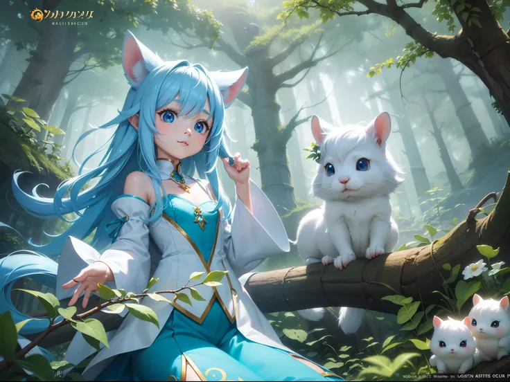 In the forest、There is a small white rabbit with long ears,  White long ears、Im with a pretty girl with long blue hair。It is a cute white and blue costume。Dark eyes。cute forest creature, Cute mushrooms also grow、Adorable Digital Painting, cute detailed dig...