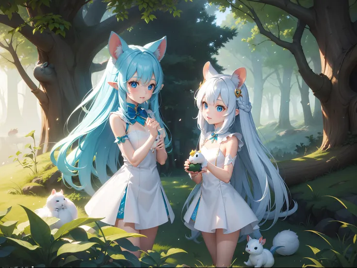 In the forest、There is a small white rabbit with long ears,  White long ears、Im with a pretty girl with long blue hair。It is a cute white and blue costume。Dark eyes。cute forest creature, Cute mushrooms also grow、Adorable Digital Painting, cute detailed dig...