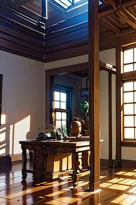 illustrate the artist's studio bathed in warm, golden light, with sunlight streaming through the windows. showcase the play of l...